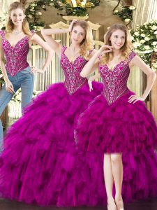 Sleeveless Organza Floor Length Lace Up Quince Ball Gowns in Fuchsia with Beading and Ruffles