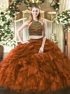 Custom Made Brown Two Pieces Tulle Halter Top Sleeveless Beading and Ruffles Floor Length Zipper Quince Ball Gowns