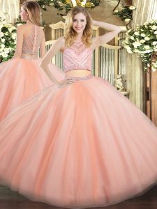 High Quality Peach Sleeveless Tulle Zipper Quinceanera Gowns for Military Ball and Sweet 16 and Quinceanera