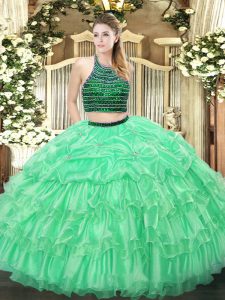 Noble Sleeveless Floor Length Beading and Ruffled Layers Zipper 15th Birthday Dress with Apple Green