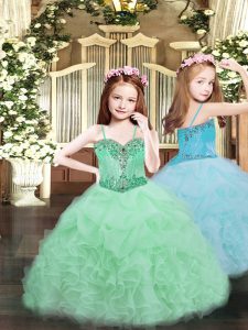Admirable Floor Length Lace Up Child Pageant Dress Apple Green for Party and Quinceanera with Beading and Ruffles and Pick Ups