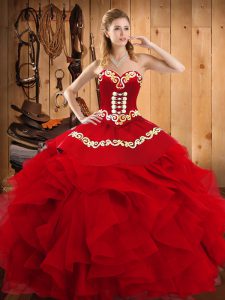 Wine Red Sleeveless Satin and Organza Lace Up Quince Ball Gowns for Military Ball and Sweet 16 and Quinceanera