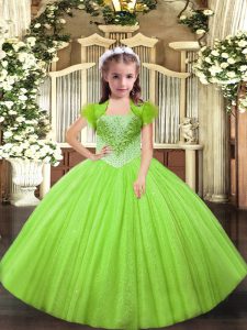Yellow Green Tulle Lace Up Straps Sleeveless Floor Length Little Girls Pageant Dress Beading