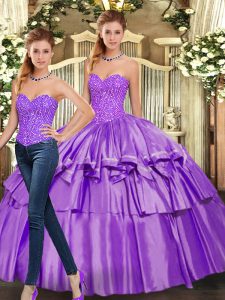 Eggplant Purple Two Pieces Organza Sweetheart Sleeveless Beading and Ruffled Layers Floor Length Lace Up Sweet 16 Dresses