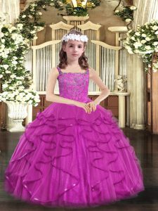Beading and Ruffles Little Girl Pageant Gowns Fuchsia Lace Up Sleeveless Floor Length