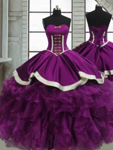 Smart Sleeveless Satin and Organza Floor Length Lace Up Sweet 16 Dress in Purple with Beading and Ruffles