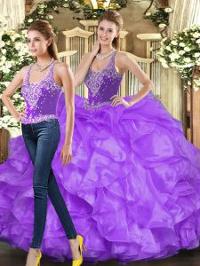 Graceful Eggplant Purple and Purple Lace Up Ball Gown Prom Dress Beading and Ruffles Sleeveless Floor Length