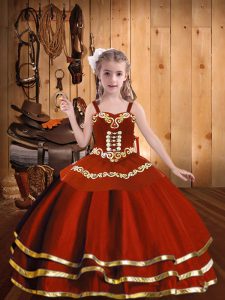 Rust Red Ball Gowns Organza Straps Sleeveless Embroidery and Ruffles Floor Length Lace Up Kids Formal Wear