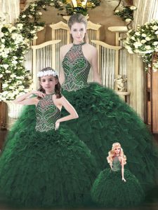 Inexpensive Floor Length Dark Green 15 Quinceanera Dress Halter Top Sleeveless Lace Up