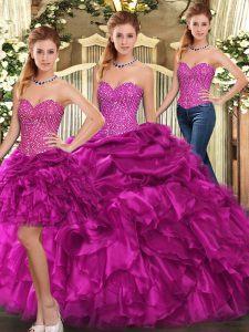 Stunning Sweetheart Sleeveless Organza Quinceanera Dress Beading and Ruffles Lace Up