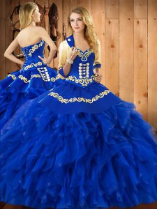 Blue Sweetheart Neckline Embroidery and Ruffles 15 Quinceanera Dress Sleeveless Lace Up