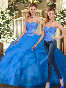 Sweetheart Sleeveless Lace Up Quinceanera Gowns Blue Organza