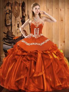 Fantastic Floor Length Rust Red Quinceanera Dresses Satin and Organza Sleeveless Embroidery and Ruffles