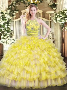 Luxury Yellow Green Sweet 16 Dress Military Ball and Sweet 16 and Quinceanera with Beading and Ruffles Halter Top Sleeveless Zipper