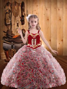 Custom Fit Red Fabric With Rolling Flowers Lace Up Child Pageant Dress Sleeveless Floor Length Embroidery and Ruffles