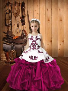 Organza Straps Sleeveless Lace Up Embroidery and Ruffles Little Girls Pageant Dress Wholesale in Fuchsia