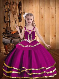 Fuchsia Ball Gowns Straps Sleeveless Tulle Floor Length Lace Up Embroidery and Ruffled Layers Little Girl Pageant Dress