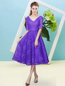 Fine V-neck Half Sleeves Lace Up Quinceanera Court Dresses Purple Lace