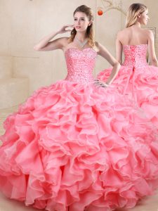 Cheap Ball Gowns Ball Gown Prom Dress Watermelon Red Sweetheart Organza Sleeveless Floor Length Lace Up
