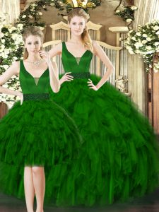 Excellent Sleeveless Tulle Floor Length Lace Up Quinceanera Gowns in Dark Green with Beading and Ruffles