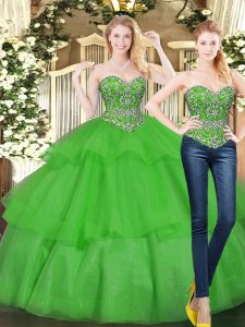 Fine Green Sleeveless Floor Length Beading and Ruffled Layers Lace Up 15 Quinceanera Dress