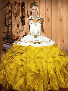 Gold Sleeveless Embroidery and Ruffles Floor Length Vestidos de Quinceanera