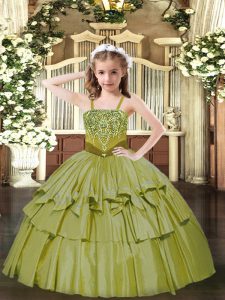 Olive Green Sleeveless Organza Lace Up Little Girl Pageant Gowns for Party and Quinceanera