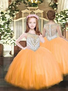 Floor Length Orange Pageant Dress Womens Tulle Sleeveless Beading