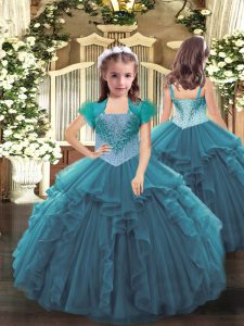 Floor Length Lace Up Little Girls Pageant Dress Teal for Party and Sweet 16 and Quinceanera and Wedding Party with Beading and Ruffles
