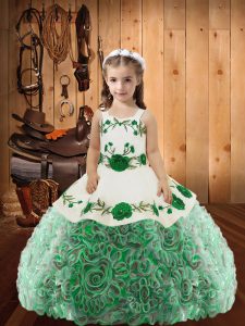 Floor Length Multi-color Little Girl Pageant Dress Fabric With Rolling Flowers Sleeveless Embroidery and Ruffles