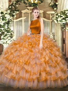 Designer Orange Red 15th Birthday Dress Military Ball and Sweet 16 and Quinceanera with Ruffled Layers Scoop Sleeveless Clasp Handle
