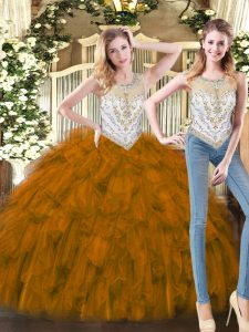Two Pieces Quinceanera Gown Brown Scoop Organza Sleeveless Floor Length Zipper
