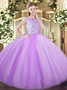 Noble Floor Length Zipper 15th Birthday Dress Lavender for Military Ball and Sweet 16 and Quinceanera with Beading
