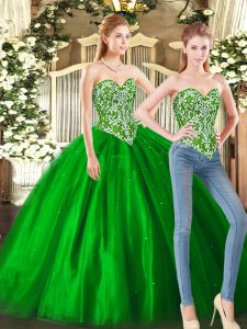 Custom Design Green Lace Up Sweetheart Beading Quince Ball Gowns Tulle Sleeveless
