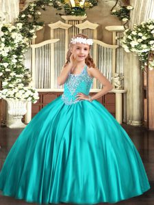 Popular Turquoise Sleeveless Floor Length Beading Lace Up Child Pageant Dress