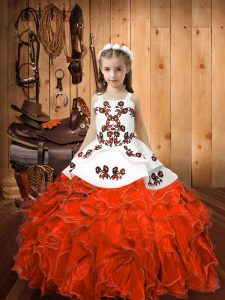 Floor Length Lace Up Little Girls Pageant Dress Orange Red for Sweet 16 and Quinceanera with Embroidery and Ruffles