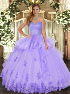 Lavender Lace Up Sweetheart Beading and Appliques and Ruffles Quinceanera Dress Tulle Sleeveless