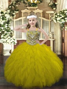 Olive Green Tulle Lace Up Little Girls Pageant Dress Wholesale Sleeveless Floor Length Beading and Ruffles