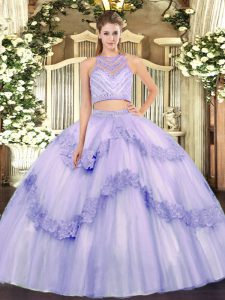 Lavender Sleeveless Floor Length Beading and Appliques Zipper Sweet 16 Dresses