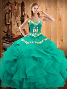 Turquoise Sleeveless Floor Length Embroidery and Ruffles Lace Up Quince Ball Gowns