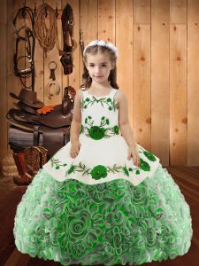 Multi-color Fabric With Rolling Flowers Lace Up Custom Made Pageant Dress Sleeveless Floor Length Embroidery and Ruffles