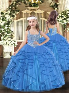 Hot Selling Mermaid Pageant Dress Wholesale Baby Blue Straps Tulle Sleeveless Floor Length Lace Up