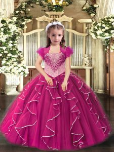 Beautiful Fuchsia Ball Gowns Straps Sleeveless Tulle Floor Length Lace Up Embroidery and Ruffles Kids Formal Wear