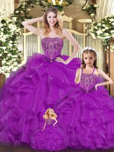 Glamorous Floor Length Lace Up Quinceanera Dresses Purple for Military Ball and Sweet 16 and Quinceanera with Beading and Ruffles