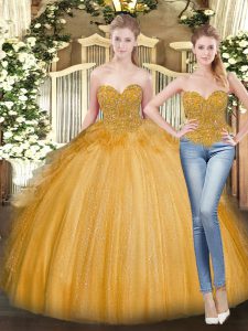 Gold Lace Up Ball Gown Prom Dress Beading and Ruffles Sleeveless Floor Length