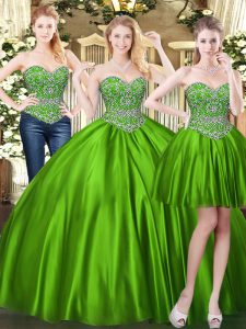 Green Ball Gowns Beading Quince Ball Gowns Lace Up Tulle Sleeveless Floor Length