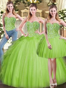 New Arrival Three Pieces Organza Sweetheart Sleeveless Beading and Ruffles Floor Length Lace Up Quinceanera Gowns
