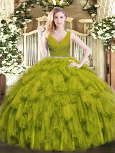 Olive Green Zipper V-neck Beading and Ruffles Quinceanera Dresses Tulle Sleeveless