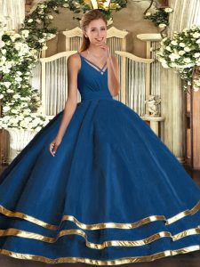 Modest Ball Gowns Quinceanera Dress Blue V-neck Tulle Sleeveless Floor Length Backless