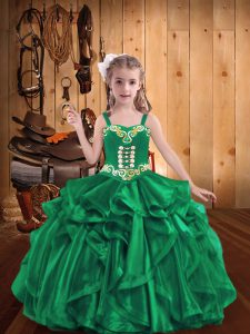 Sweet Floor Length Turquoise Little Girl Pageant Dress Organza Sleeveless Beading and Embroidery and Ruffles